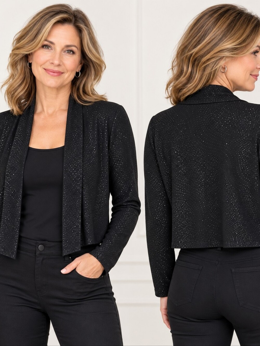 Calvin Klein Black Rhinestone Open Front Cardigan L Glam Minimalist Evening Chic